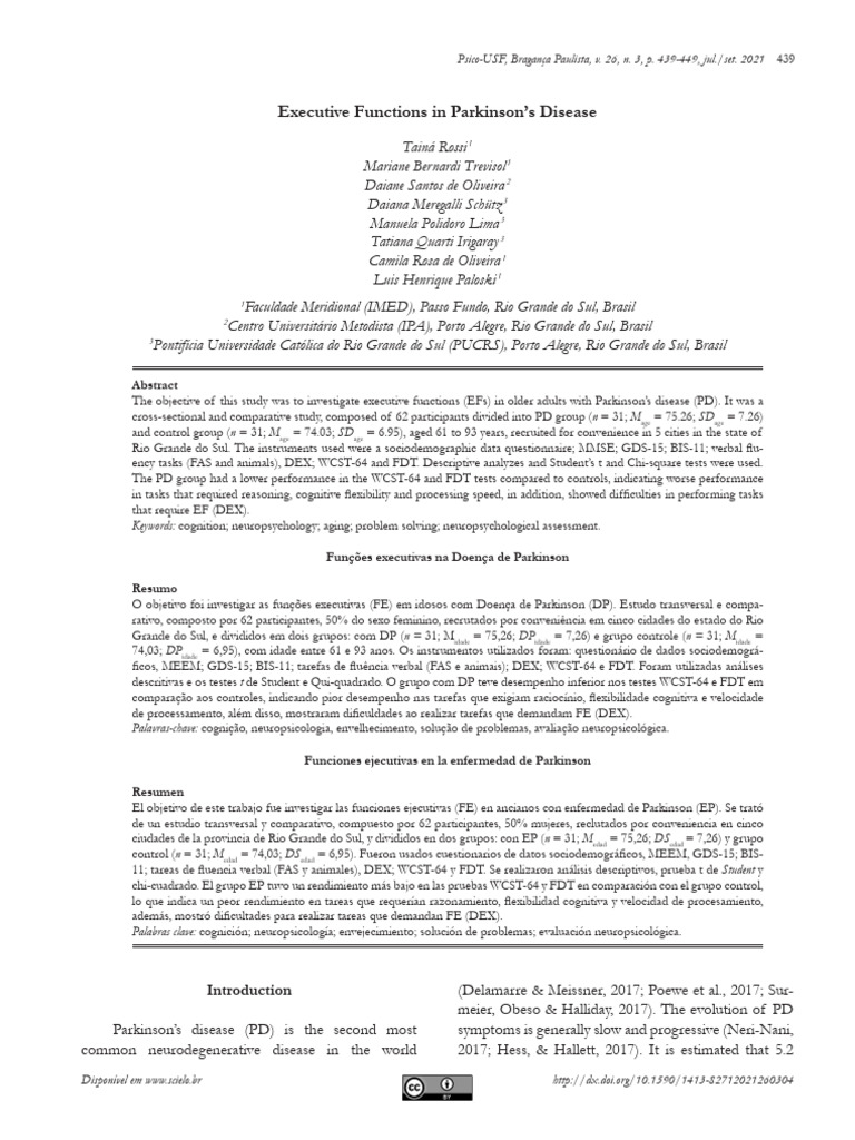 Executive Functions in Parkinson's Disease | PDF | Dementia ...