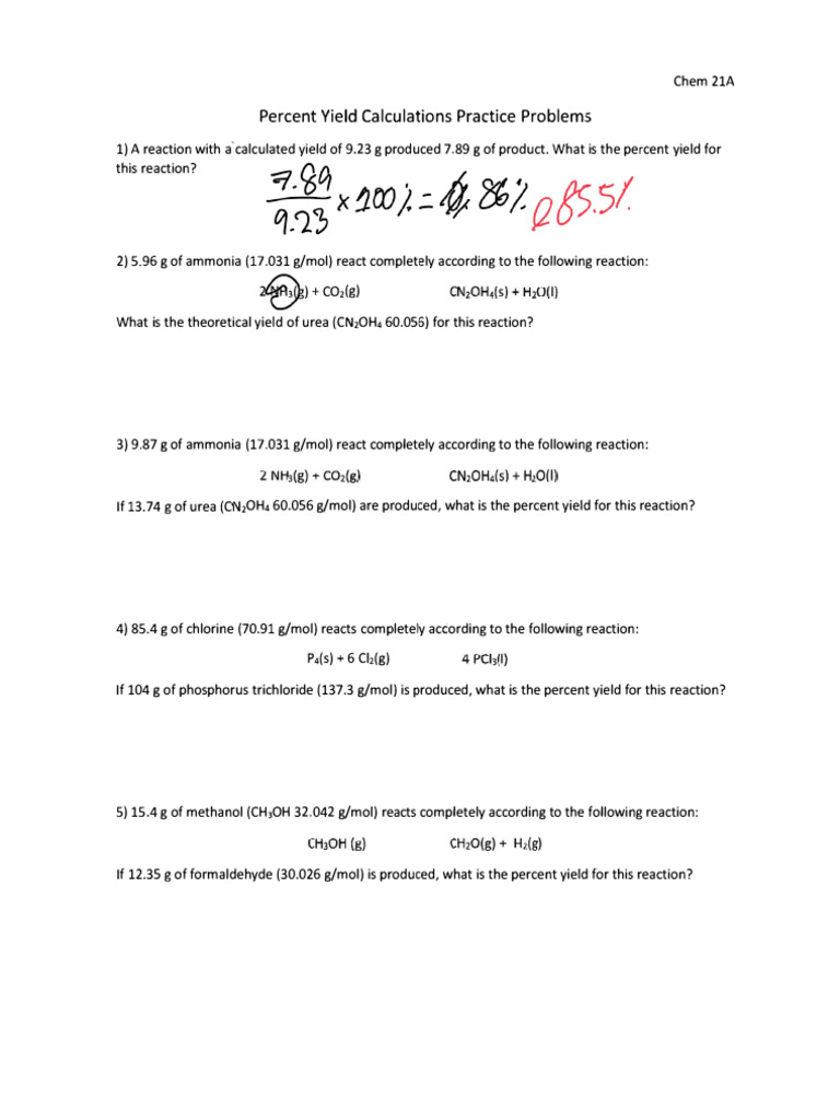 W - El Camino College - 21A-percent-yield-practice-problems-WS and KEY ...