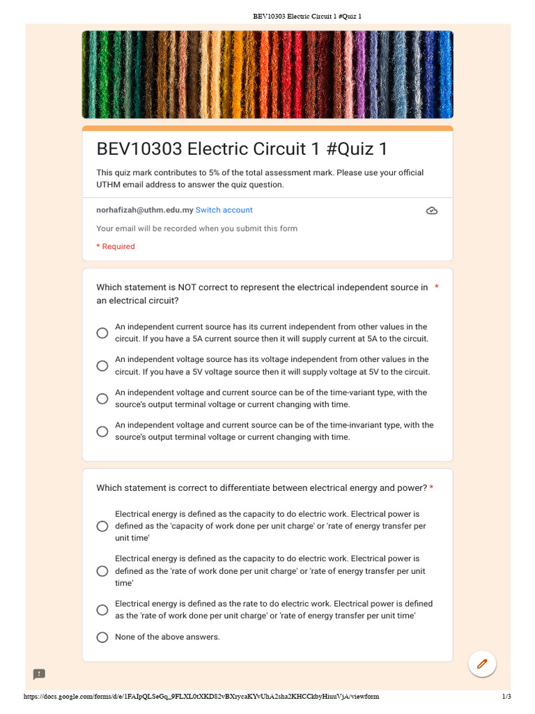 Electric Circuit 1 #Quiz - Question | PDF | Electrical Network | Voltage