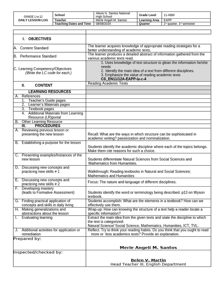 Grade 11 EAPP Daily Lesson Log | PDF | Learning | Cognitive Science