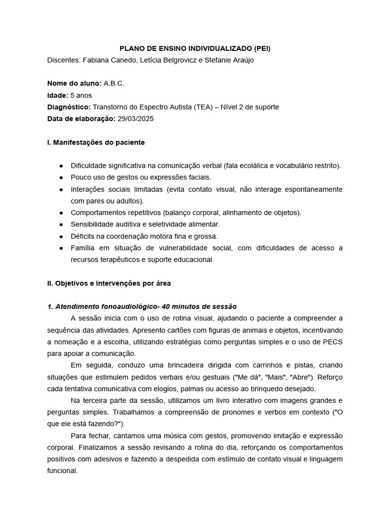 Plano de Ensino Individualizado para TEA | PDF | Comunicação