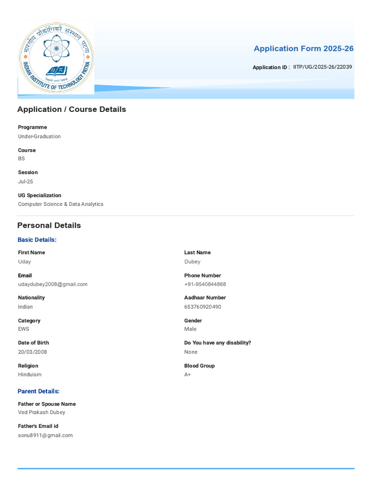 IITP UG Application 2025-26 Details | PDF