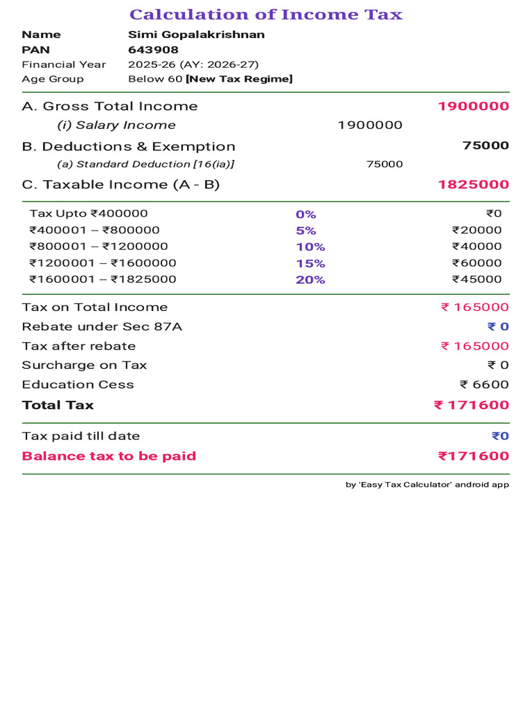 Income Tax Calculation FY 2025-26 | PDF
