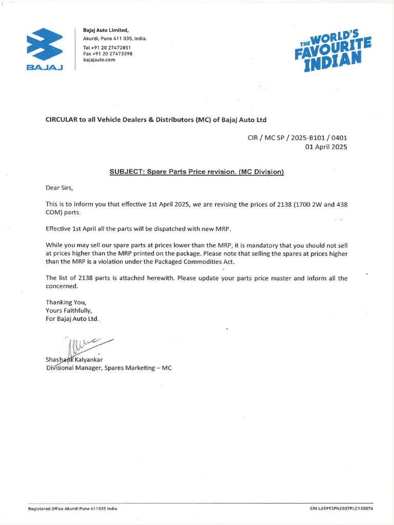 Circular B101 Price Revision 010425 | PDF