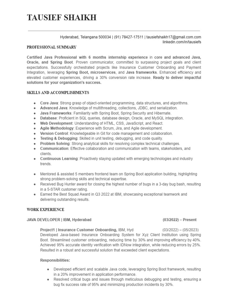 Java Developer Resume - Spring Boot Expert | PDF | Databases | Agile ...