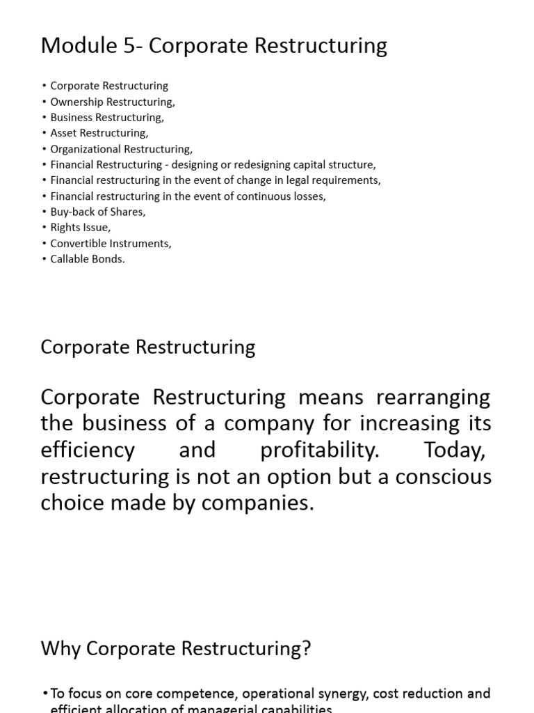 Corporate Restructuring Strategies Explained | PDF | Share Repurchase ...