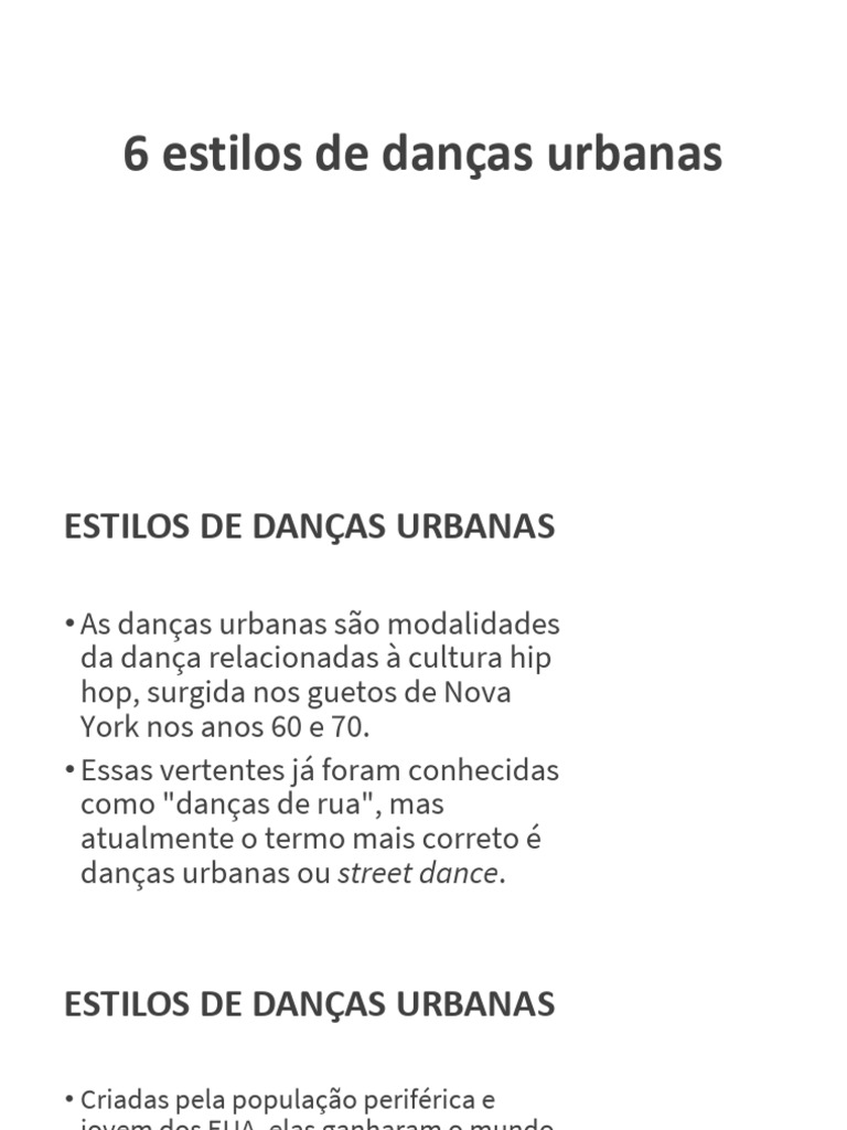Estilos de Danças Urbanas: Um Resumo | PDF | Artes Cênicas