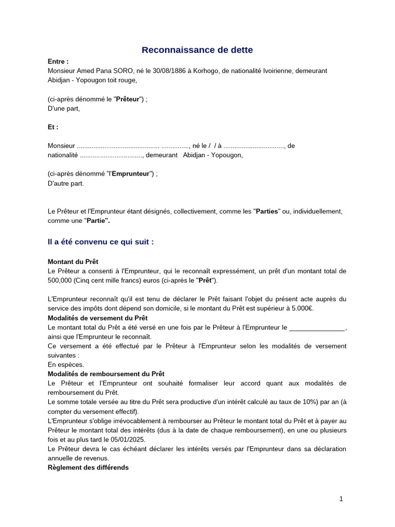 Modèle de reconnaissance de dette 500,000€ | PDF | Prêts