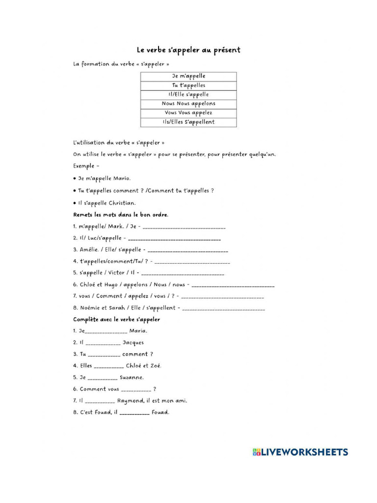 Le Verbe S' Appeler Activite 2 | PDF