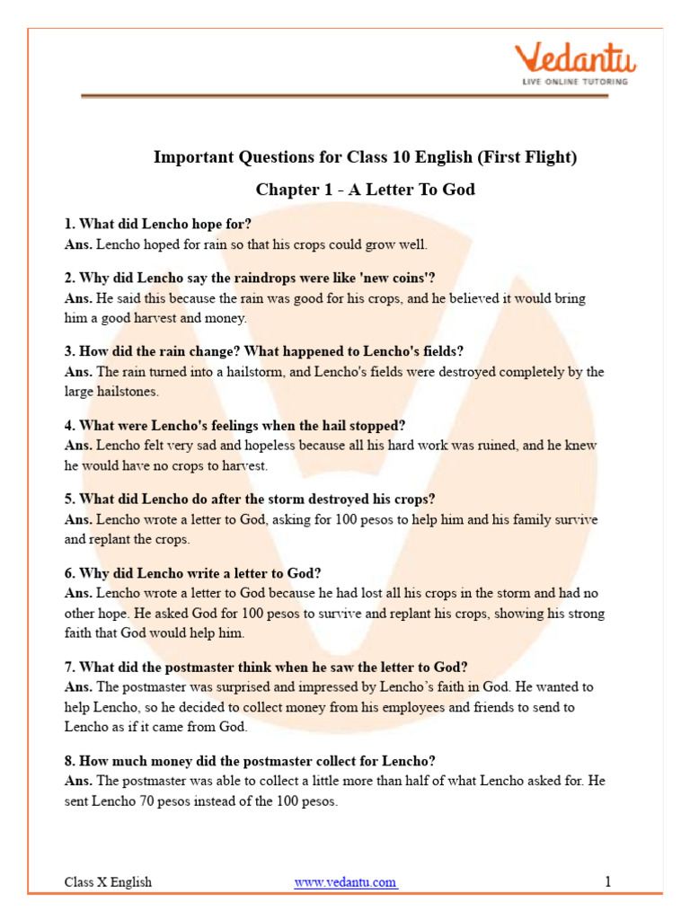 Class 10 English: A Letter to God Q&A | PDF | Faith | Hail