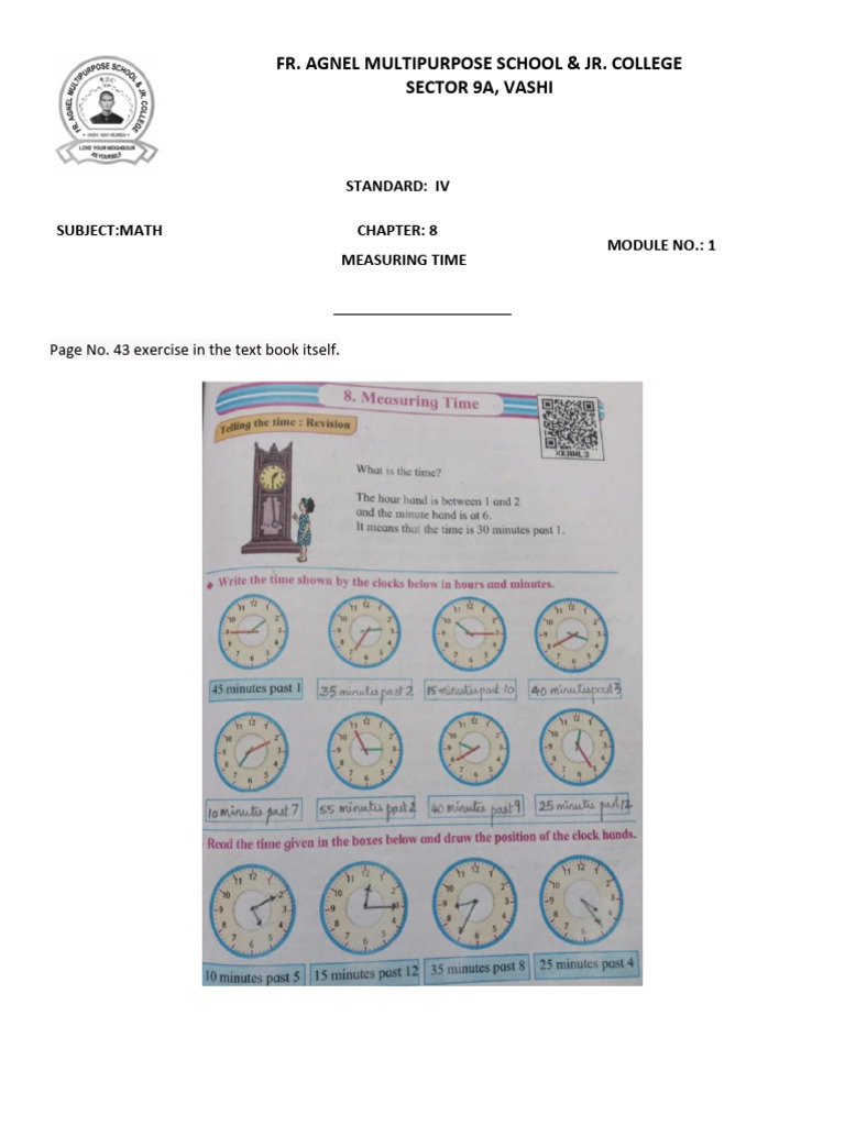 Answer Key H.W Chapter 8 Measuring Time Module 1 Maths STD IV | PDF