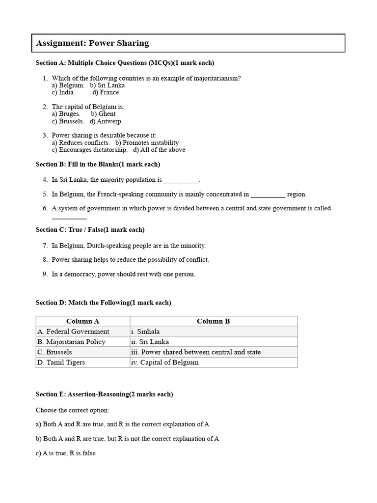 Power Sharing Assignment for Class 10 | PDF | Belgium | Sri Lanka