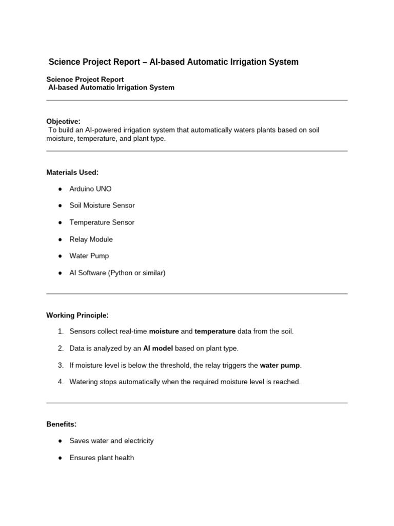 Science Project Report - AI-based Automatic Irrigation System | PDF