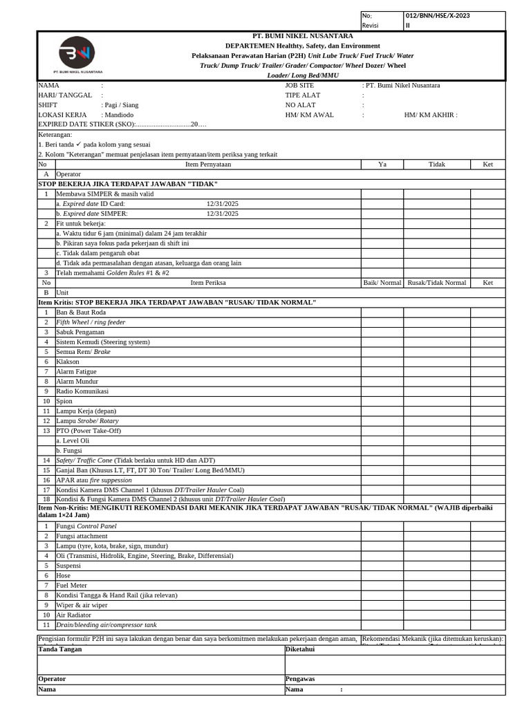 Pelaksanaan P2H Unit Alat Berat | PDF
