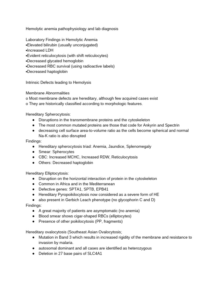 Hemolytic Anemia Summary | PDF | Anemia | Red Blood Cell