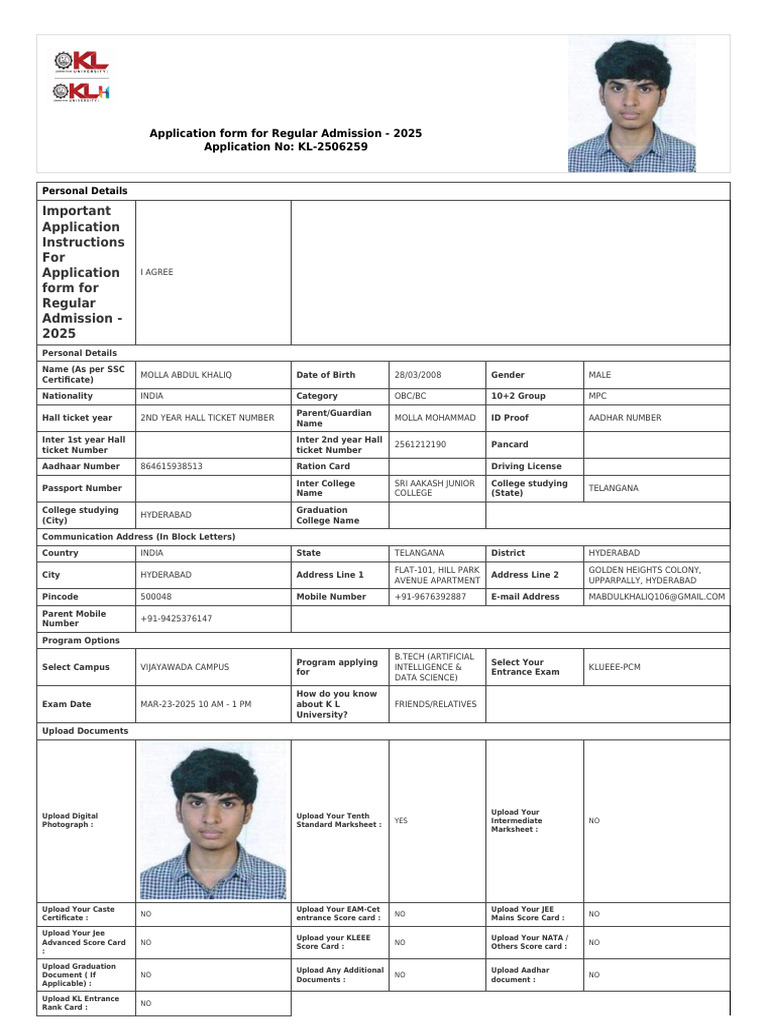 KL University Regular Admission 2025 Form | PDF | Authentication ...
