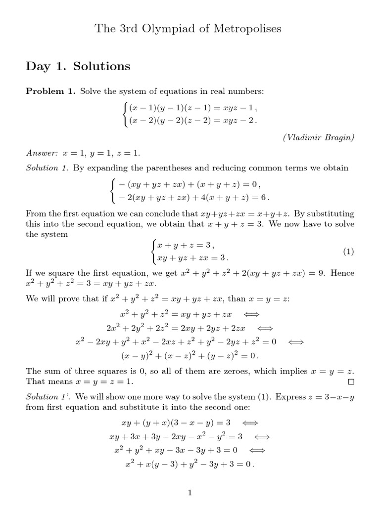 Metropolises 2018 Math Day1 Solutions en | PDF | Mathematics | Algebra