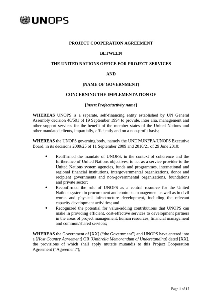UNOPS Project Cooperation Agreement | PDF | Indemnity | Arbitral Tribunal