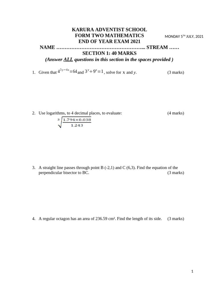 Karura Adventist School Form Two Math Exam | PDF | Circle | Triangle