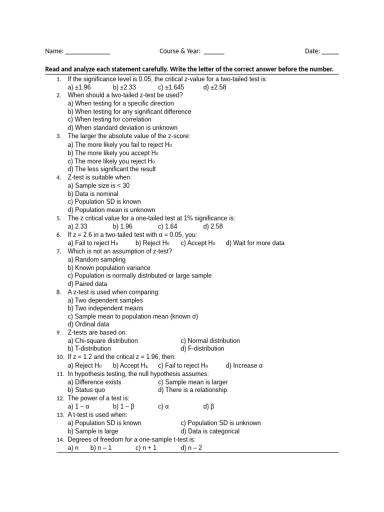 Z-Test and T-Test Questions Guide | PDF | P Value | Research Methods