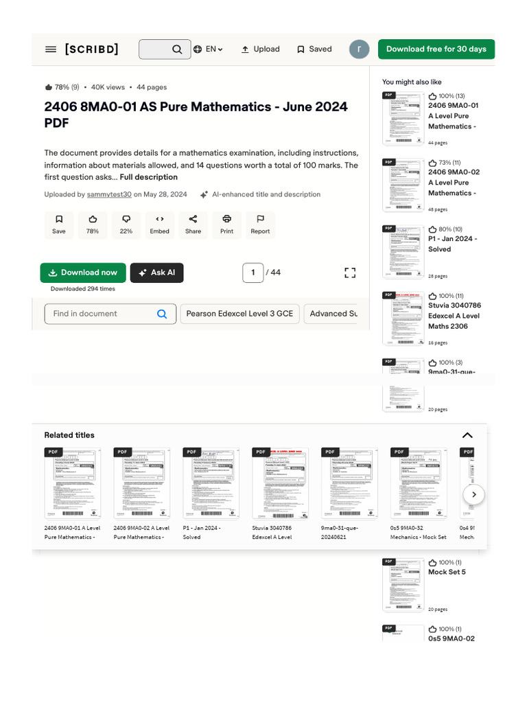 2406 8MA0-01 Pure Mathematics June 2024 | PDF | Scribd