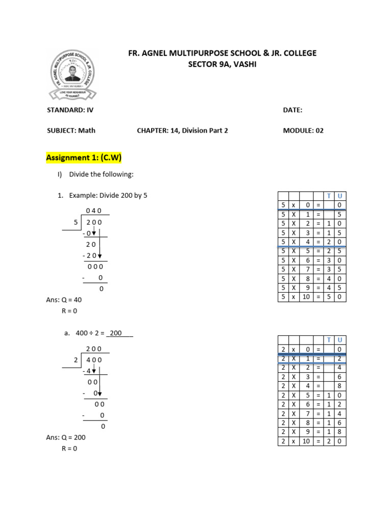 C.W-H.W - Chapter 14 - Division Part 2 - Module 2 - Math - STD IV | PDF