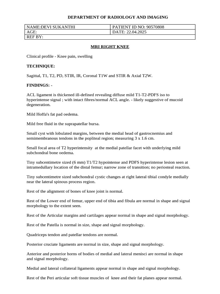 MRI Findings of Knee Joint Hyperintensity | PDF | Knee ...