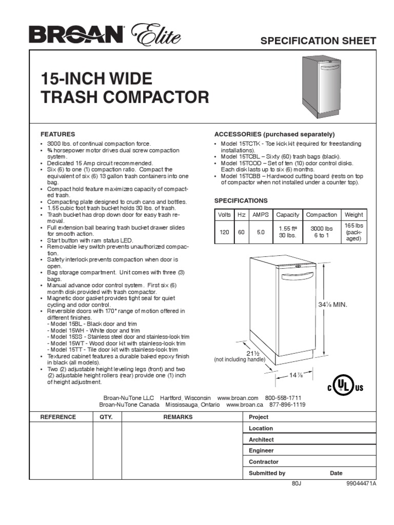 Broan Elite Compactor Spec Sheet PDF