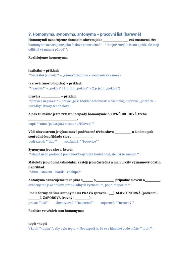 9 Homonyma Synonyma Antonyma Barevne | PDF