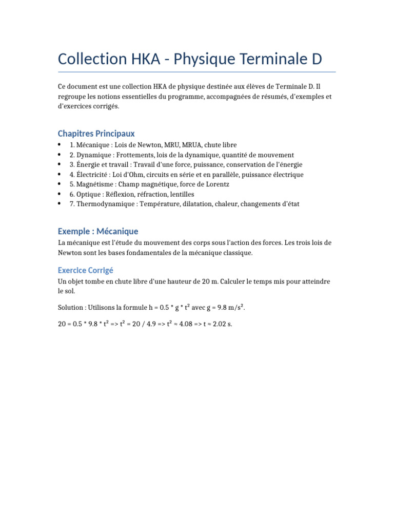 Collection HKA - Physique Terminale D | PDF