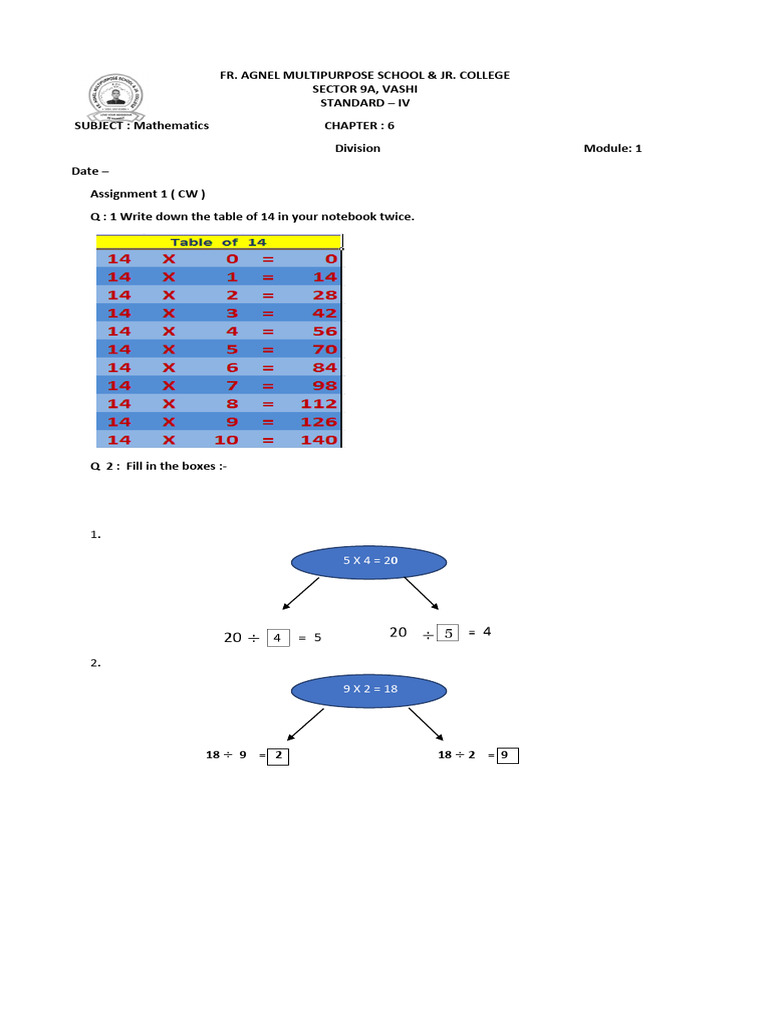 CW-HW - Chapter 6 - Division - Module 1 - Maths - STD IV | PDF