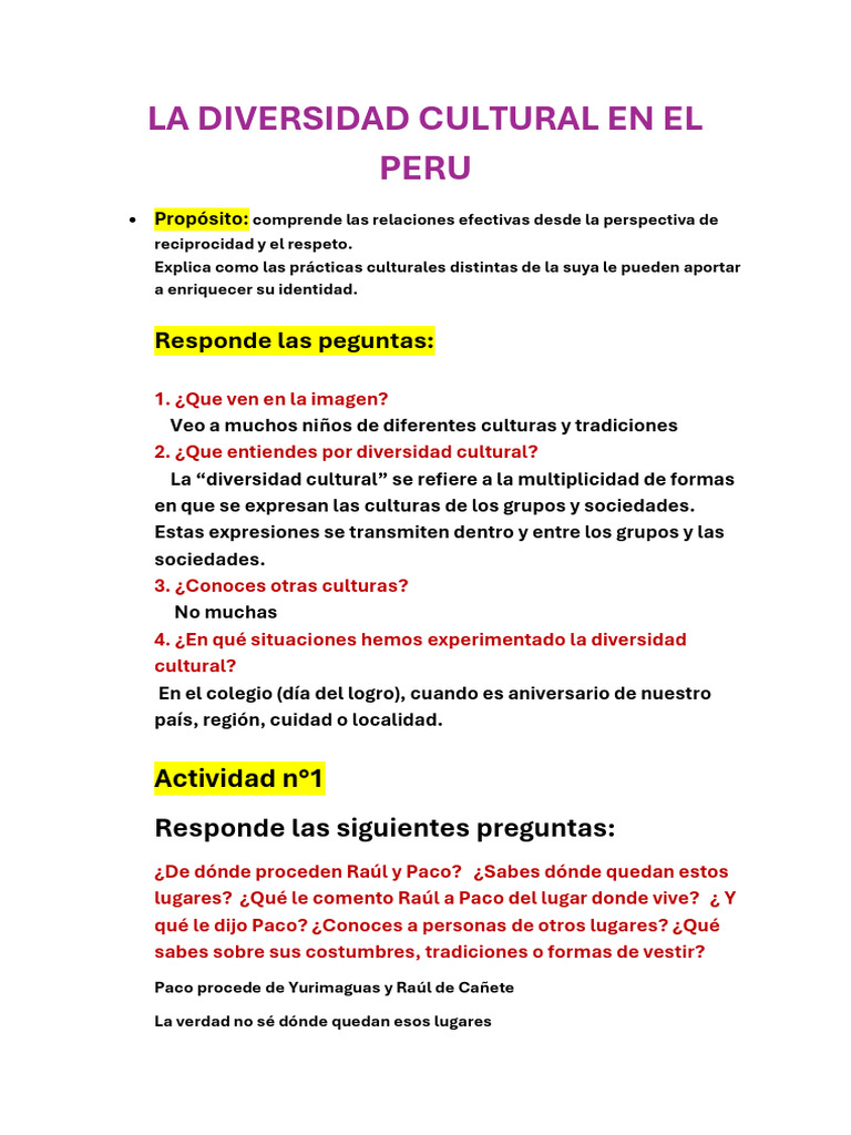 La Diversidad Cultural en El Peru | PDF | Tradiciones | Educación en ...
