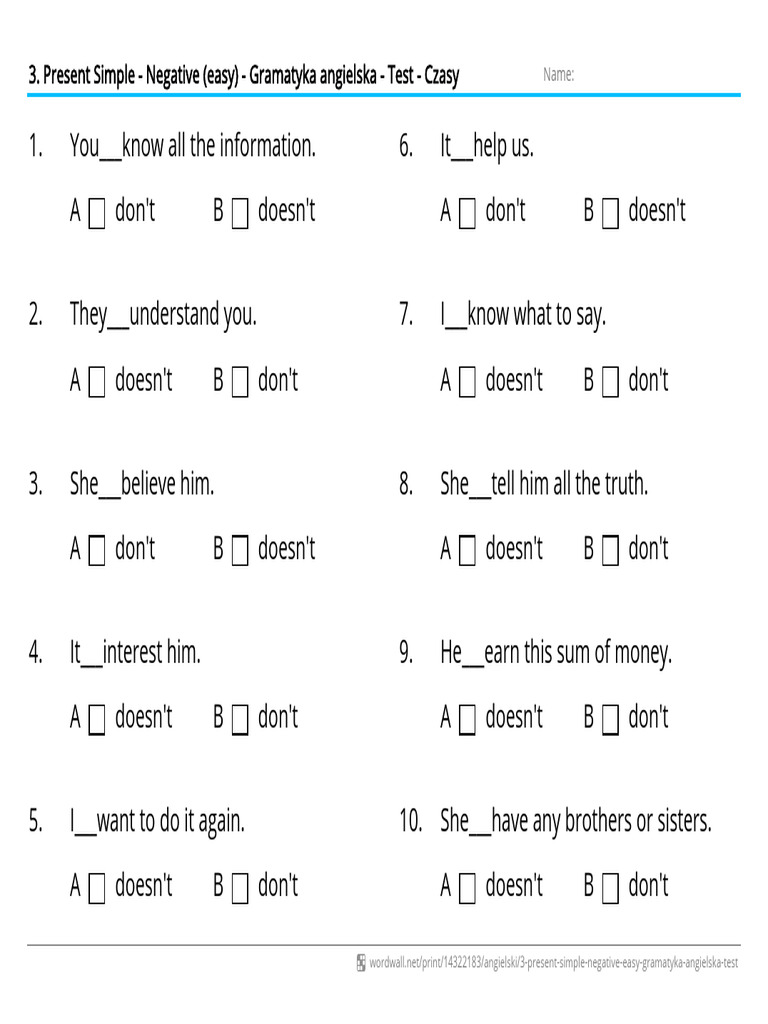 03 Present Simple Negative Easy Gramatyka Angielska Test Czasy | PDF