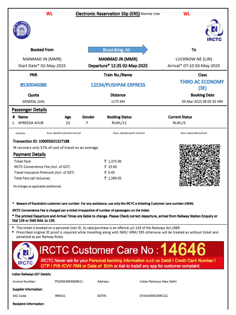 Pushpak Express 12534 WL Reservation Details | PDF | Identity Document