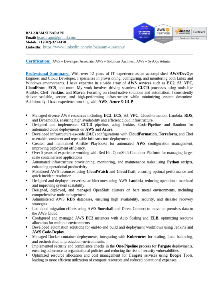AWS DevOps Engineer Profile | PDF | Cloud Computing | Amazon Web Services