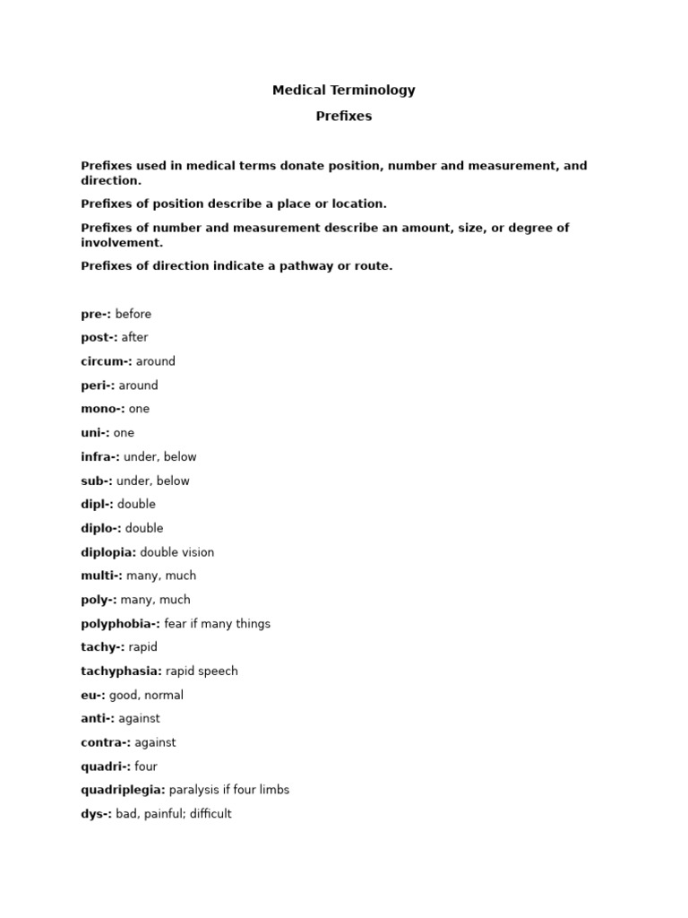Medical Terminology Prefixes Ch 3 1 Pdf