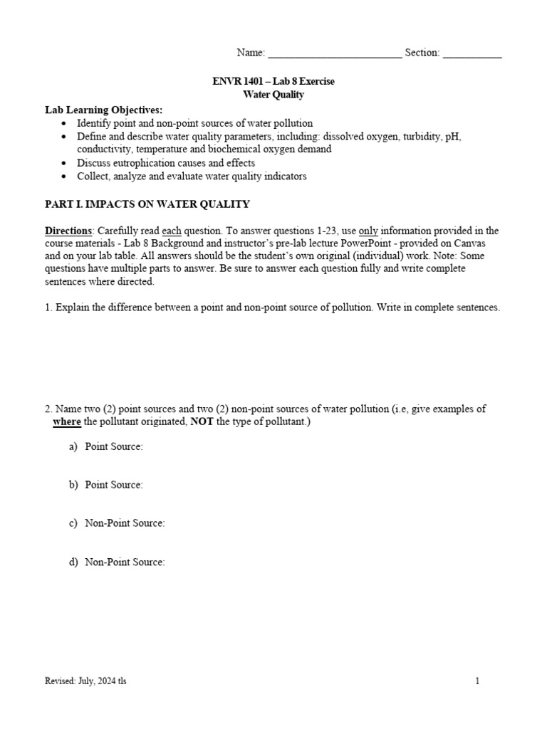 Lab 8 Water Quality Exercise 2025 | PDF | Water Purification | Ph