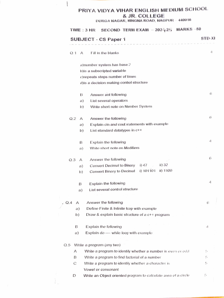 Priya Vidya Vihar Exam Paper Overview | PDF
