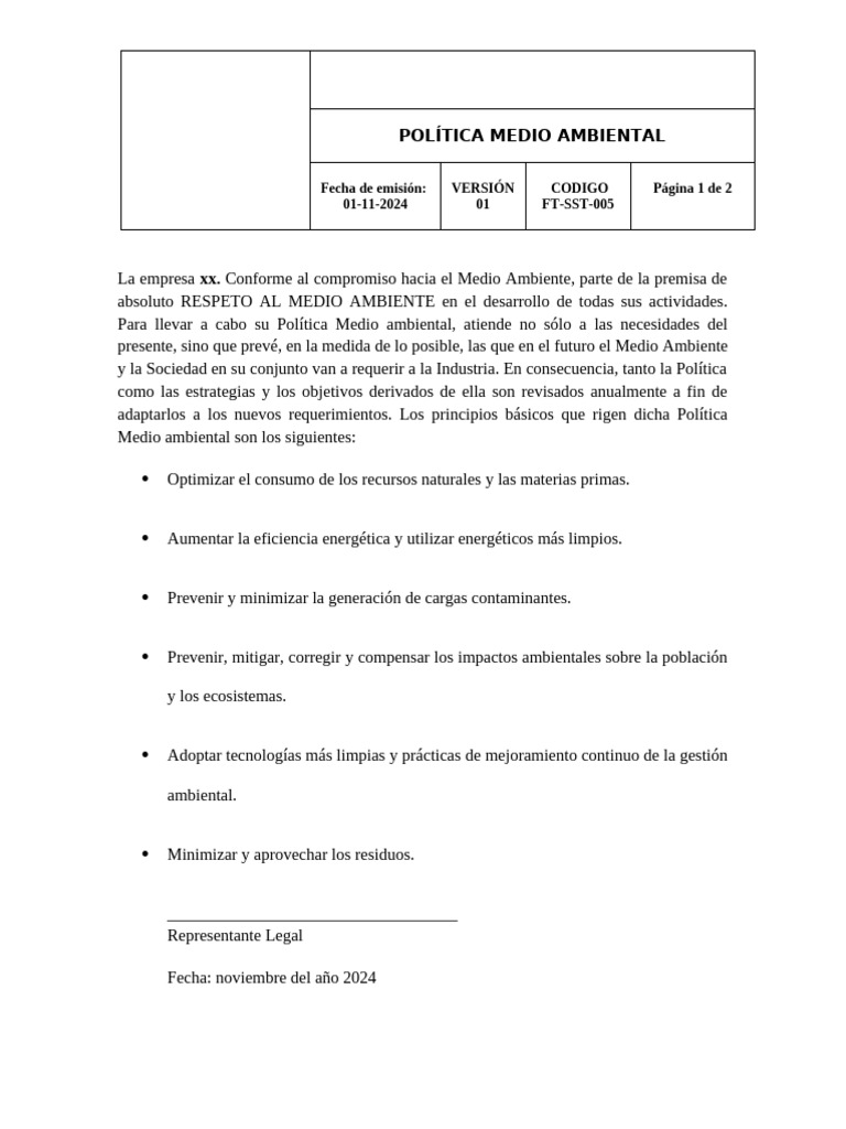 Política Ambiental de la Empresa XX | PDF | Entorno natural | Residuos