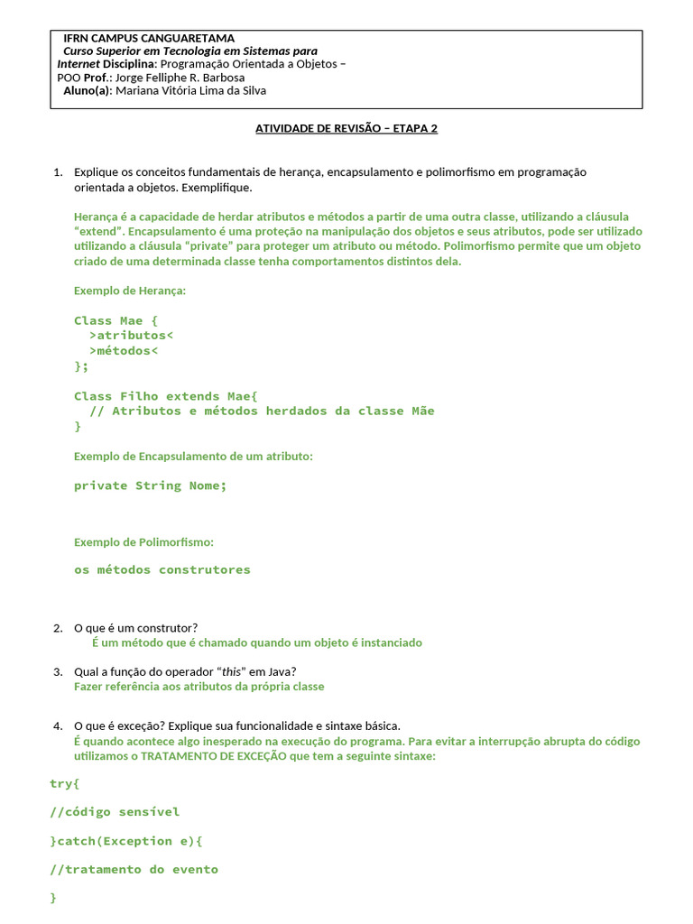 Atividade de Revisão - Etapa 2 | PDF | Programação orientada a objetos ...