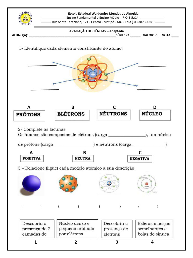 PROVA MODELOS ATOMICOS e TABELA e DISTRIBUICAO 9º Ano - Adaptada | PDF