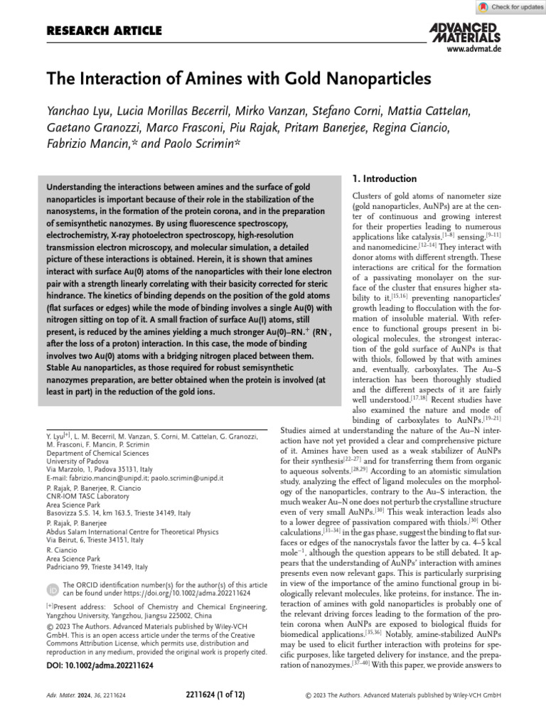 The Interaction of Amines With Gold Nanoparticles | PDF | Acid ...