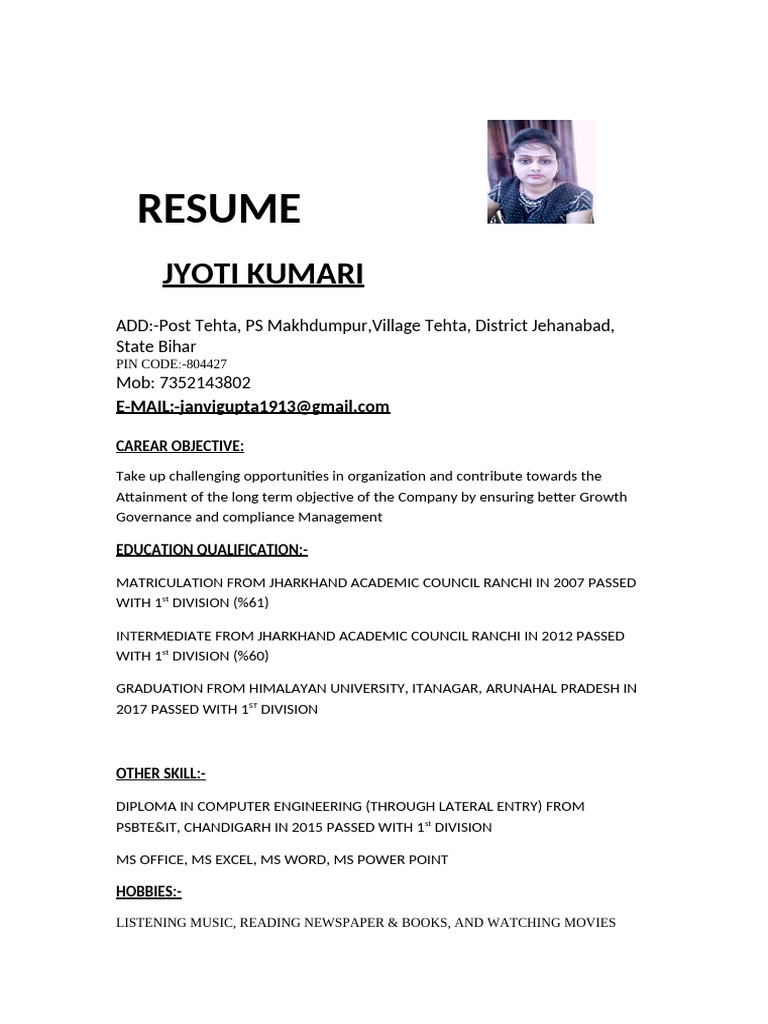Jyoti Kumari Resume Overview | PDF
