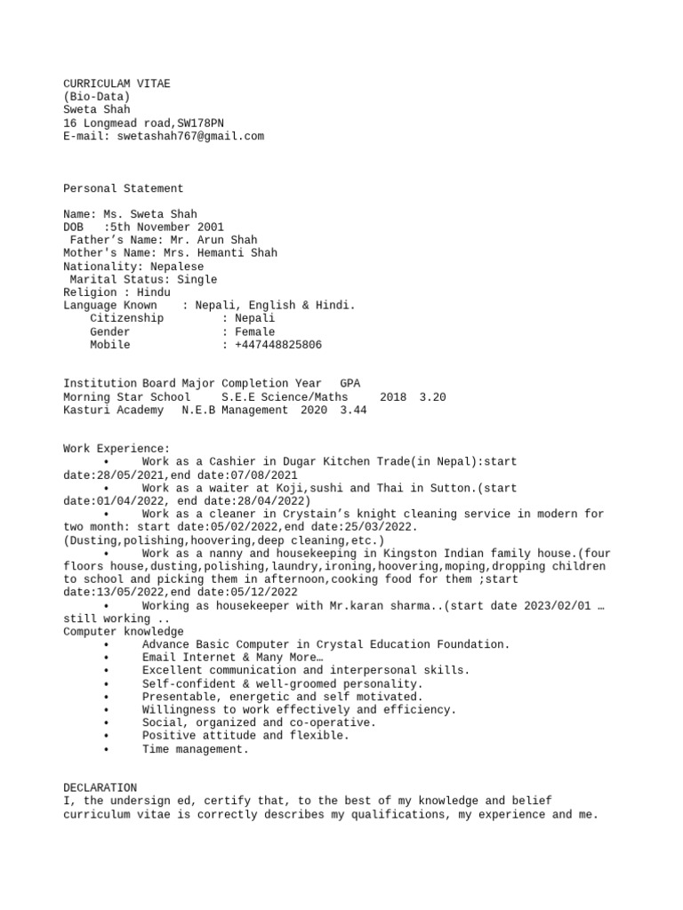 Sweta Shah's Professional CV | PDF