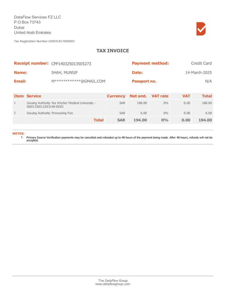 Tax Invoice: CPP140325013505273 Credit Card Shah, Munsif 14-March-2025 ...