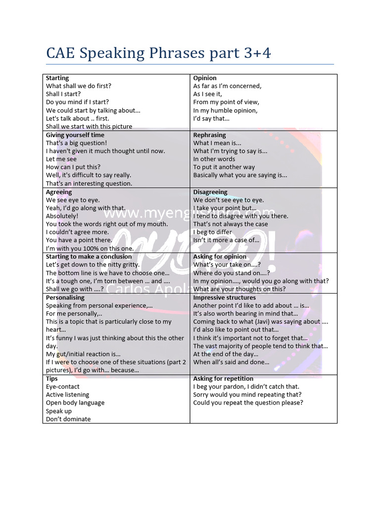 Essential CAE Speaking Phrases Guide | PDF