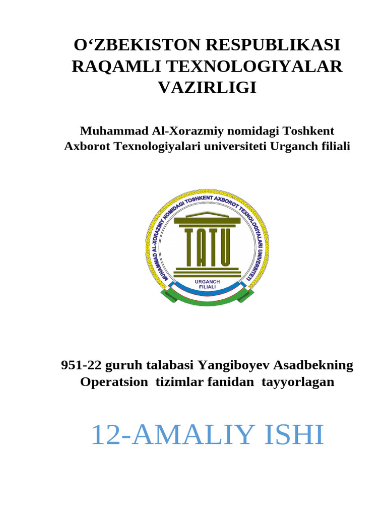 12-Amaliy Ishi: O Zbekiston Respublikasi Raqamli Texnologiyalar ...