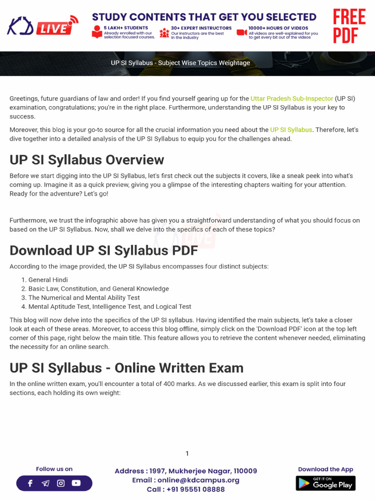 Syllabus Up Si Syllabus Subject Wise Topics Weightage | PDF