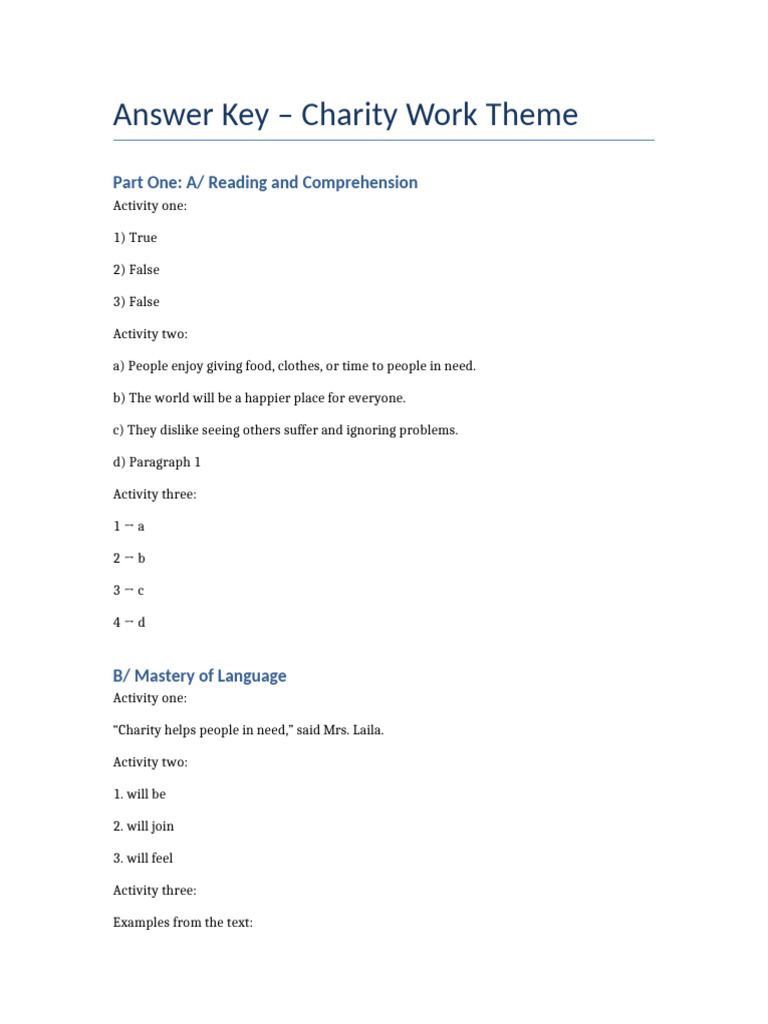 Charity Work Theme Answer Key | PDF