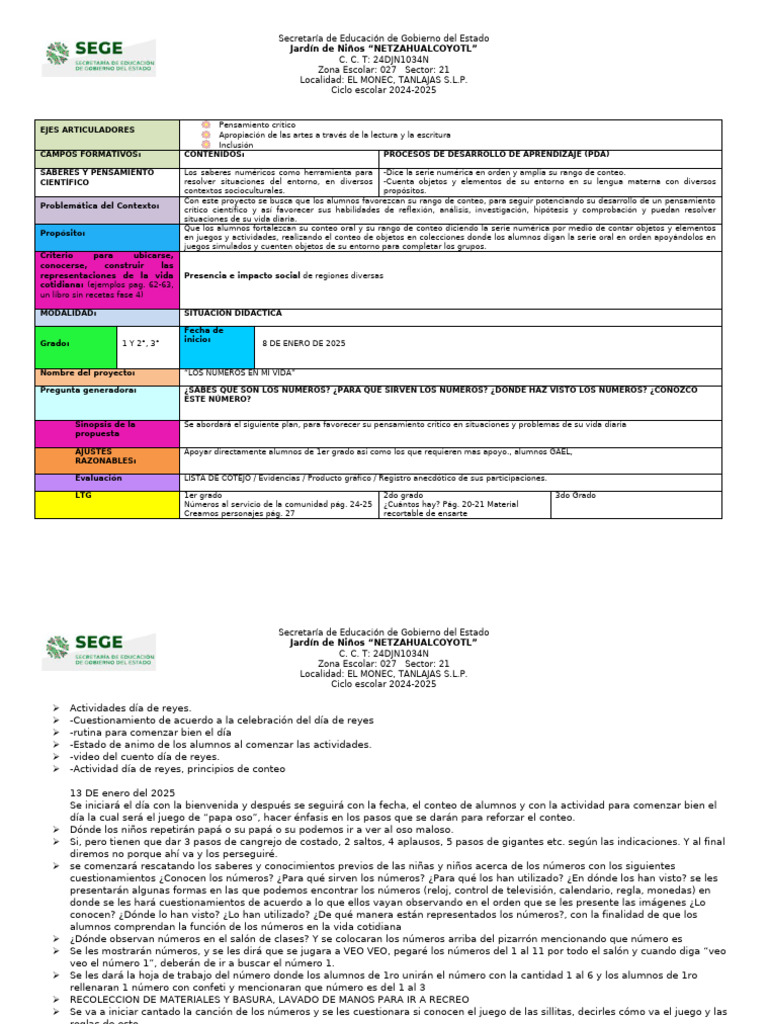Plan Numero 2025 | PDF | Educación de la primera infancia | Aprendizaje